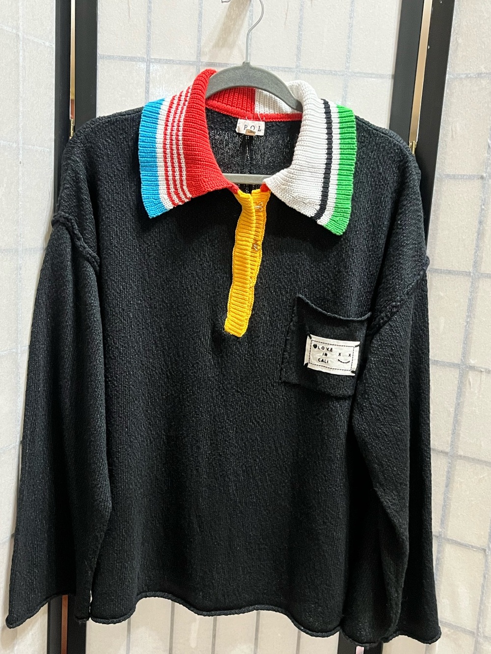 POL CLOTHING COLORBLOCK COLLAR KNIT POLO SWEATER, WOMEN SIZE L